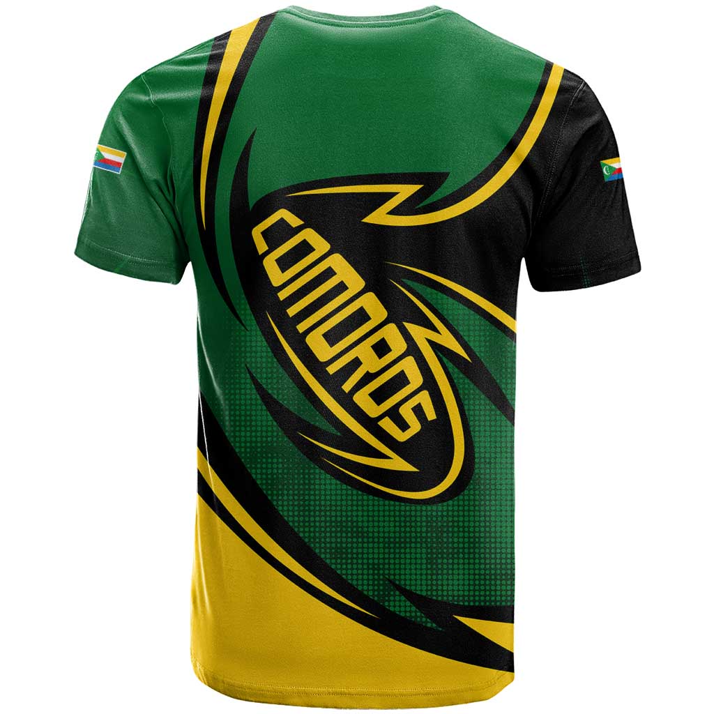 Comoros T Shirt with Green Black Yellow Swirl Design and National Emblem Pattern