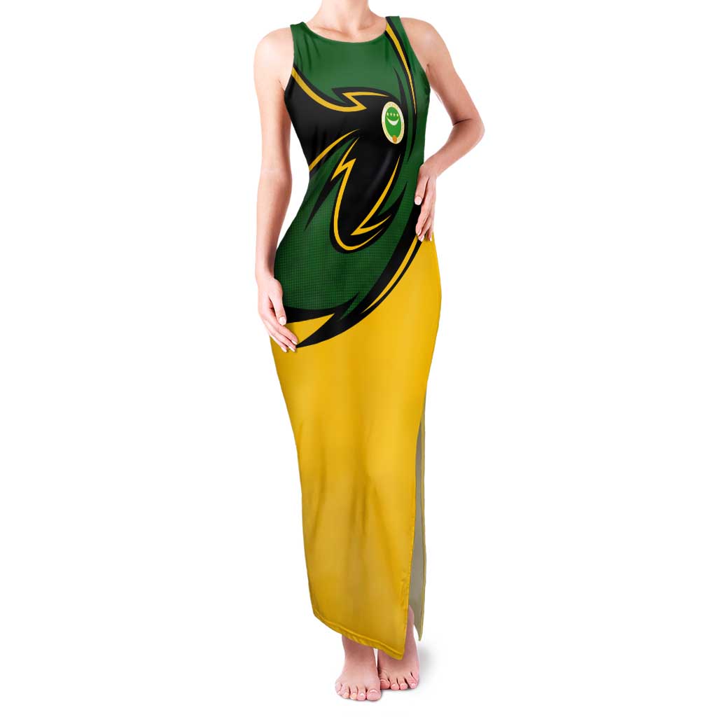 Comoros Tank Maxi Dress with Green Black Yellow Swirl Design and National Emblem Pattern