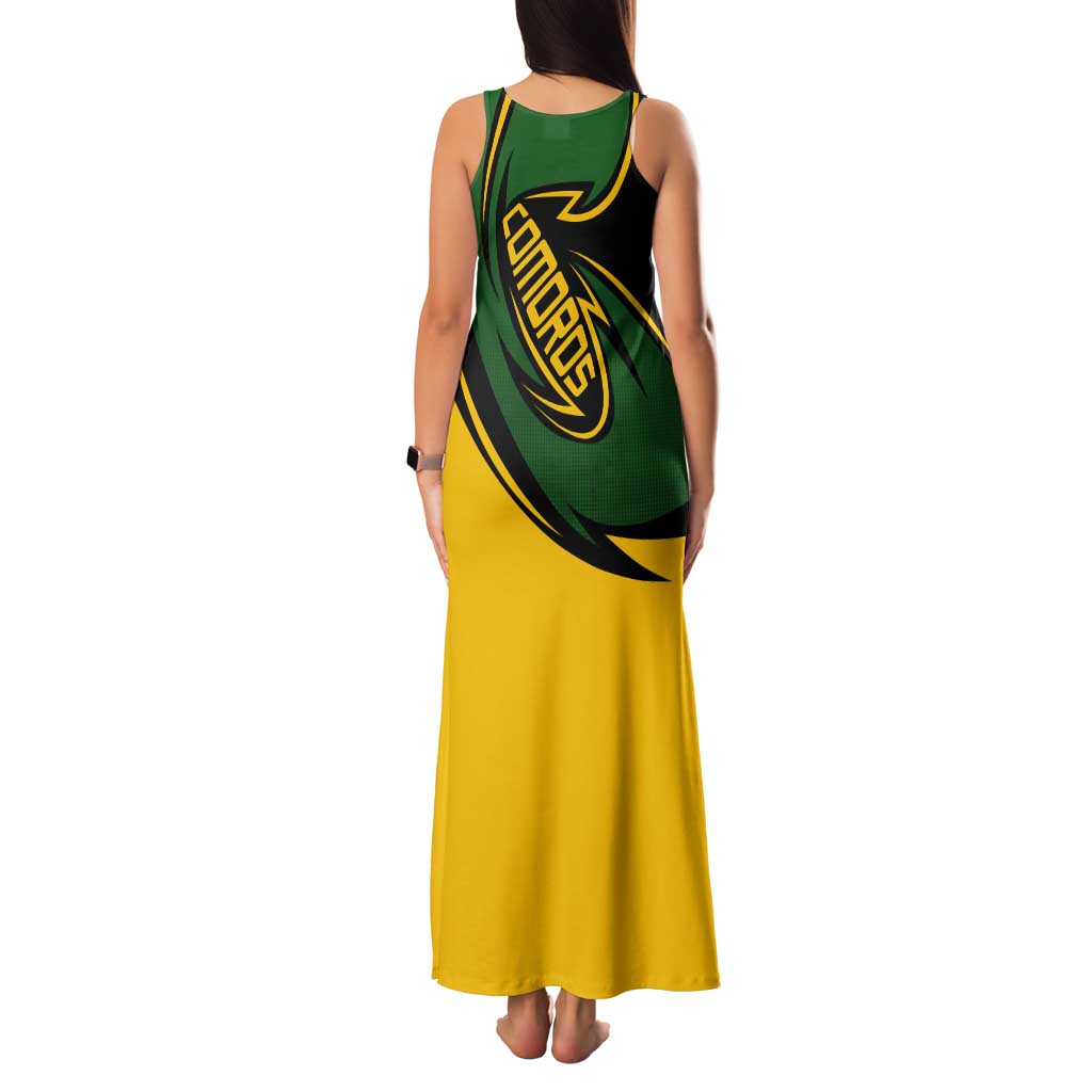 Comoros Tank Maxi Dress with Green Black Yellow Swirl Design and National Emblem Pattern