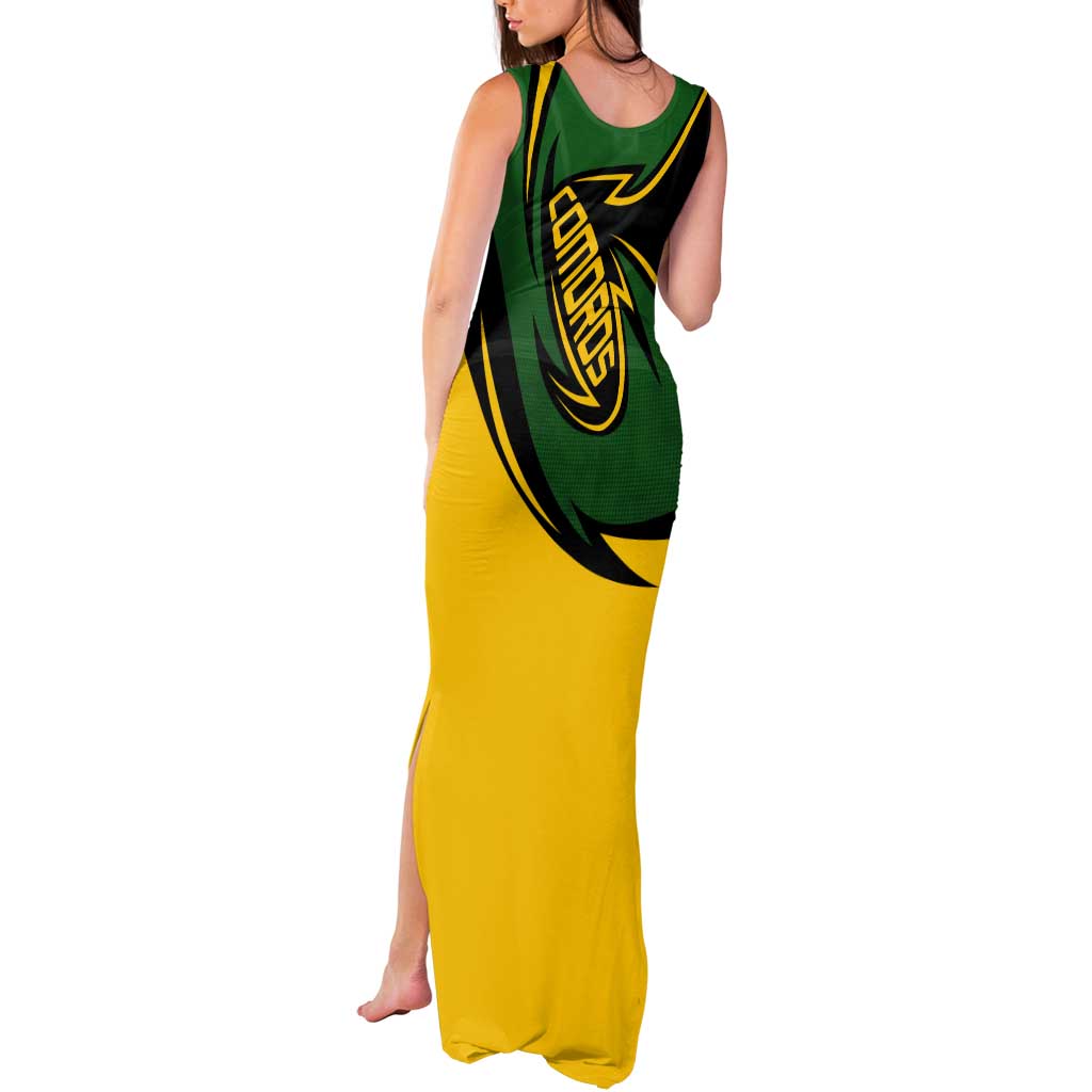 Comoros Tank Maxi Dress with Green Black Yellow Swirl Design and National Emblem Pattern