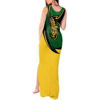 Comoros Tank Maxi Dress with Green Black Yellow Swirl Design and National Emblem Pattern