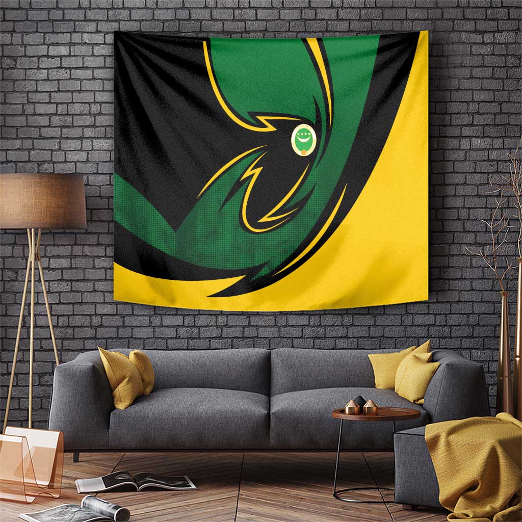 Comoros Tapestry with Green Black Yellow Swirl Design and National Emblem Pattern