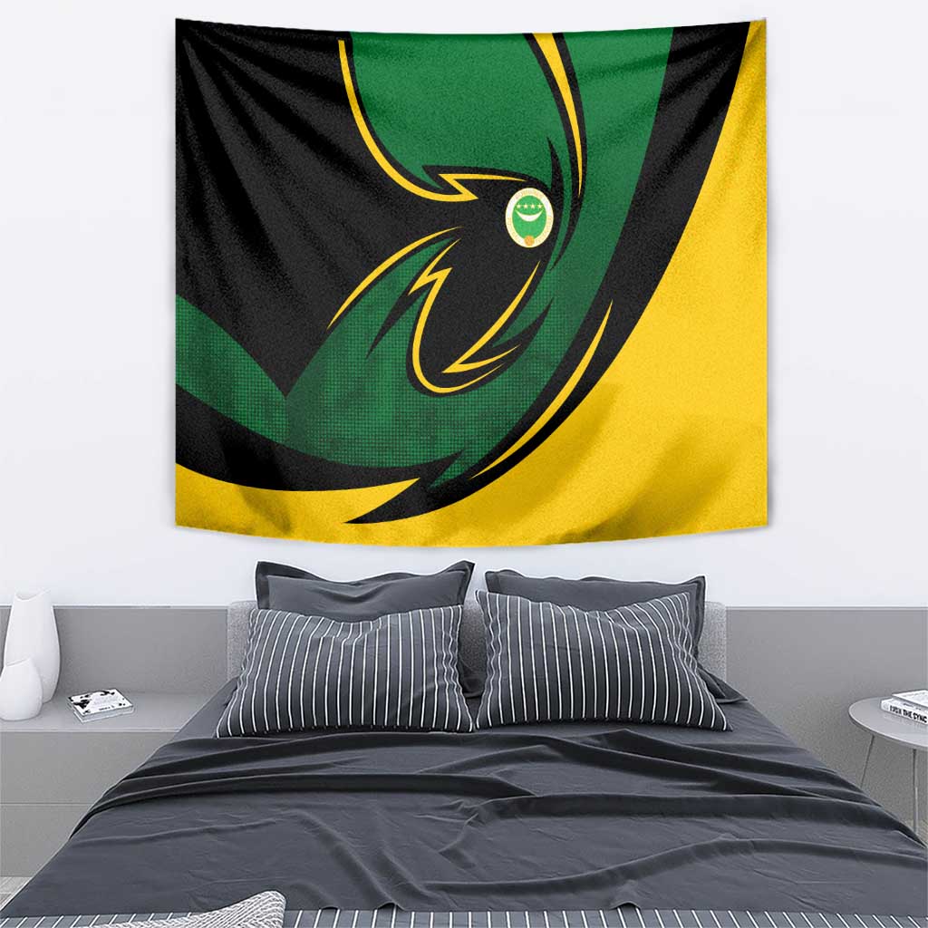 Comoros Tapestry with Green Black Yellow Swirl Design and National Emblem Pattern