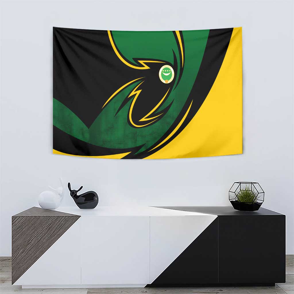 Comoros Tapestry with Green Black Yellow Swirl Design and National Emblem Pattern