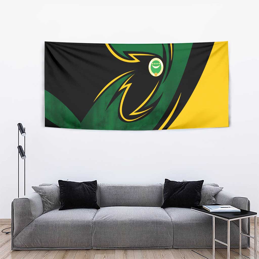 Comoros Tapestry with Green Black Yellow Swirl Design and National Emblem Pattern