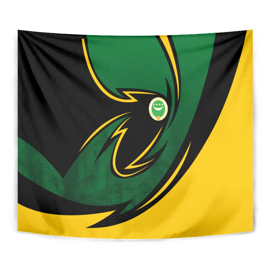 Comoros Tapestry with Green Black Yellow Swirl Design and National Emblem Pattern