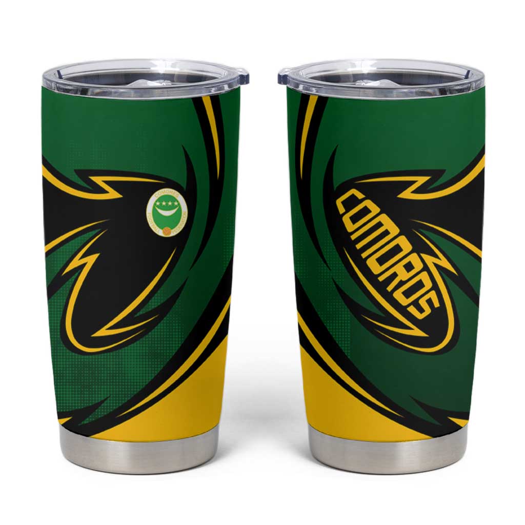 Comoros Tumbler Cup with Green Black Yellow Swirl Design and National Emblem Pattern