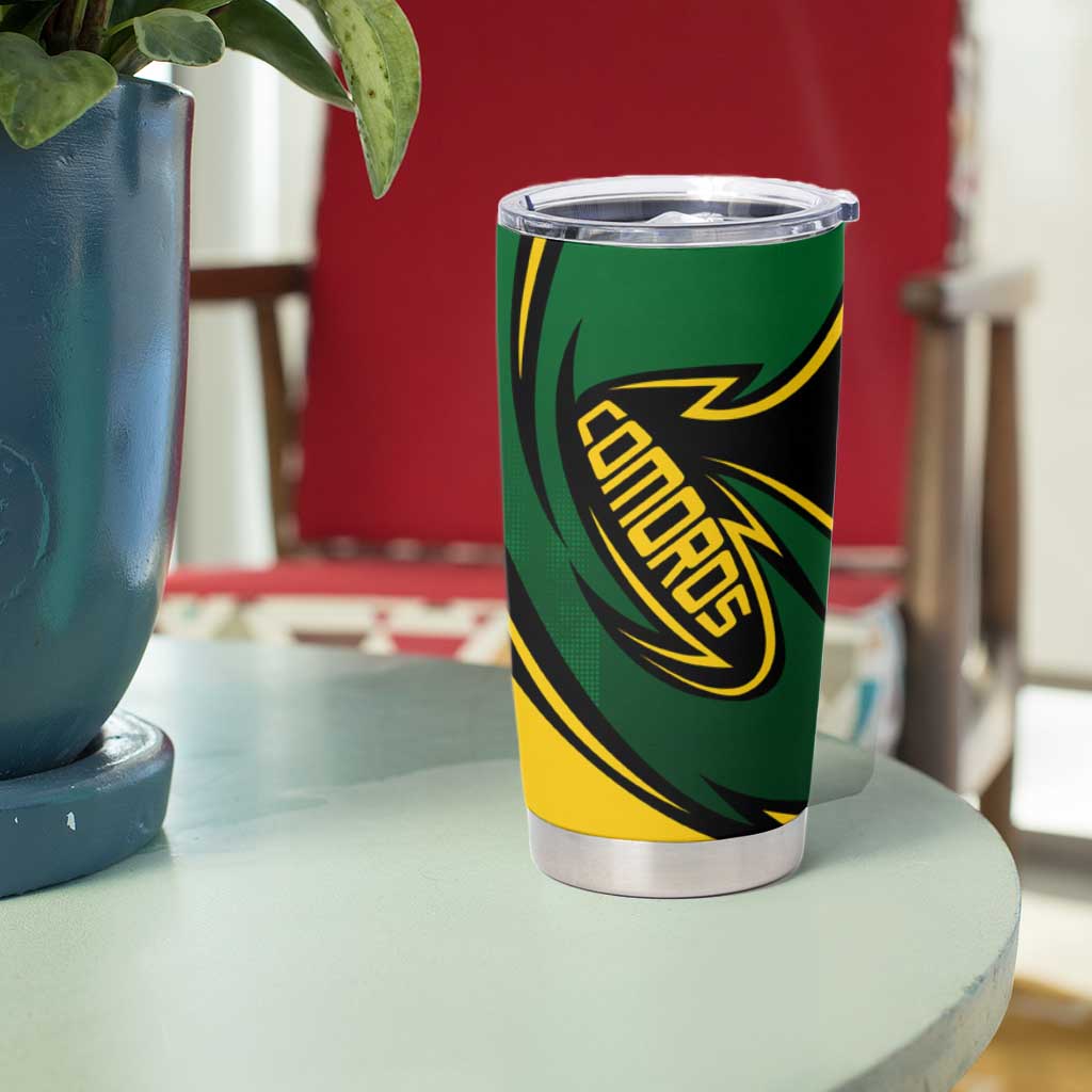 Comoros Tumbler Cup with Green Black Yellow Swirl Design and National Emblem Pattern