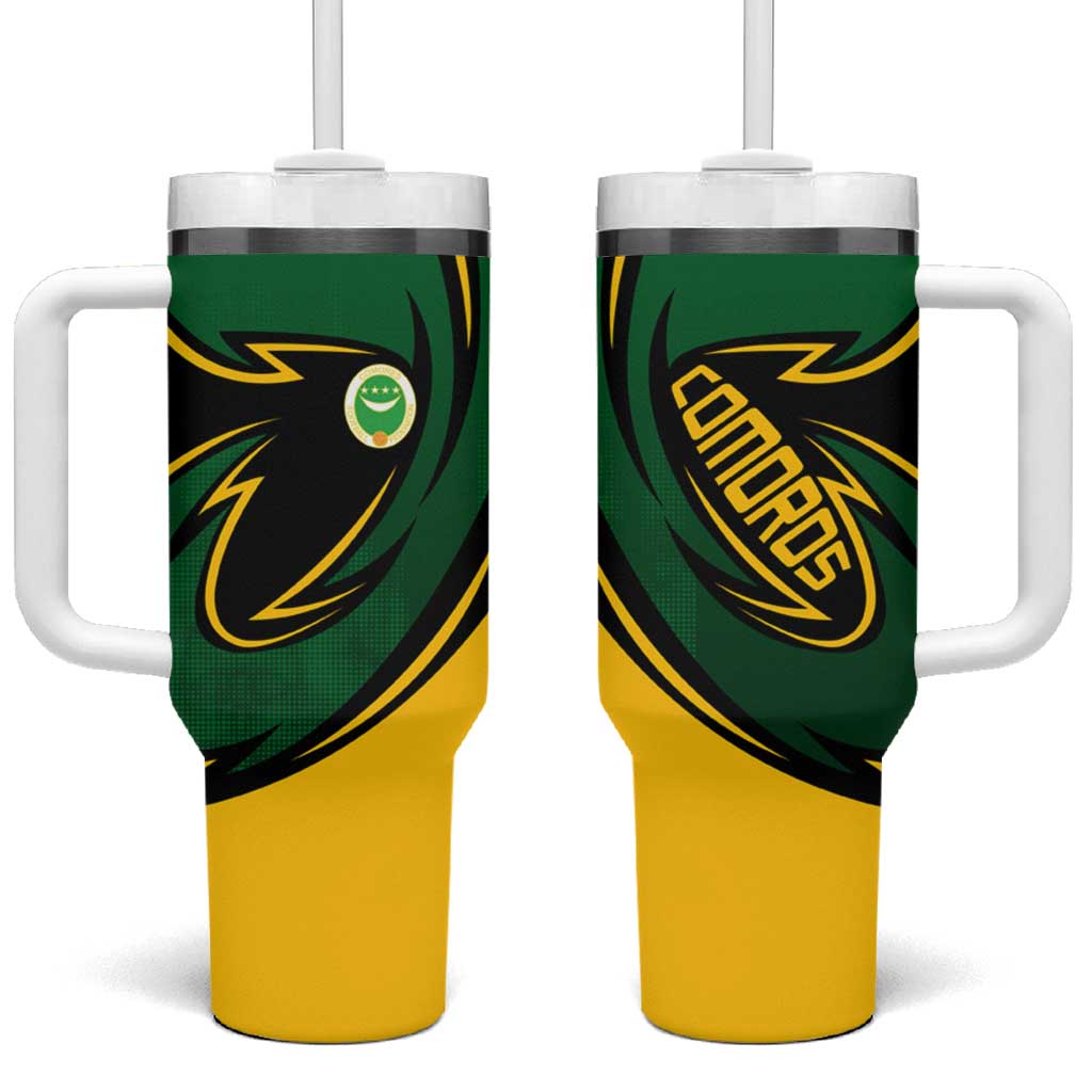 Comoros Tumbler With Handle with Green Black Yellow Swirl Design and National Emblem Pattern