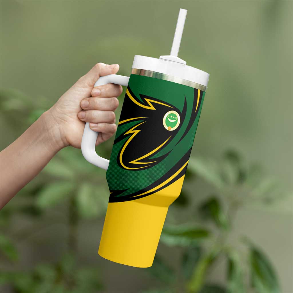 Comoros Tumbler With Handle with Green Black Yellow Swirl Design and National Emblem Pattern