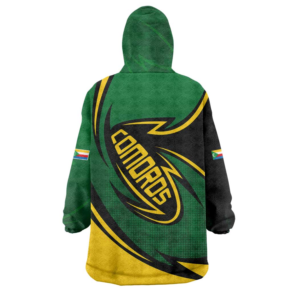 Comoros Wearable Blanket Hoodie with Green Black Yellow Swirl Design and National Emblem Pattern