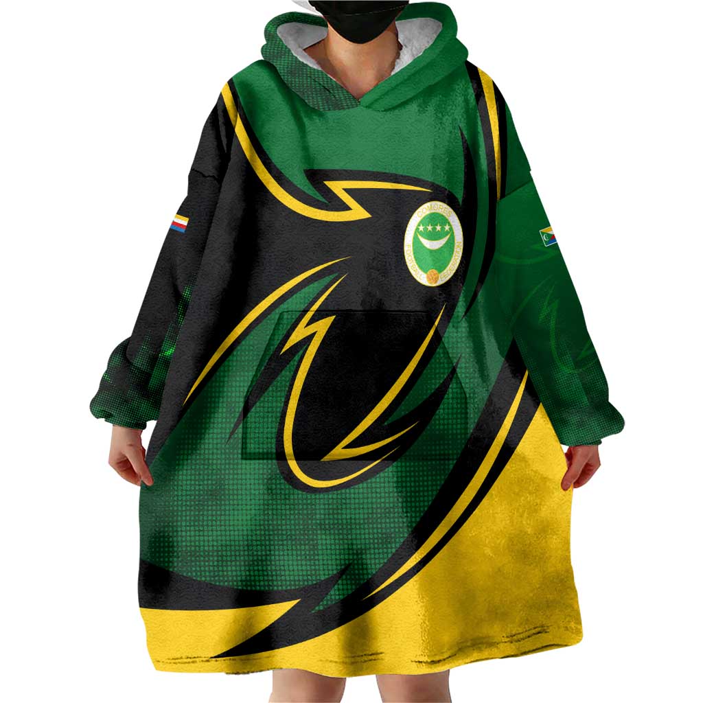 Comoros Wearable Blanket Hoodie with Green Black Yellow Swirl Design and National Emblem Pattern