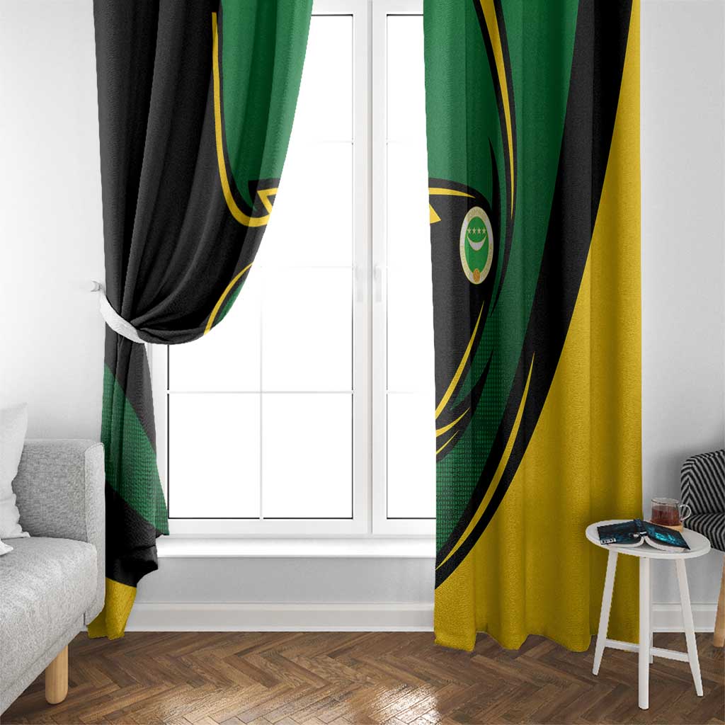 Comoros Window Curtain with Green Black Yellow Swirl Design and National Emblem Pattern