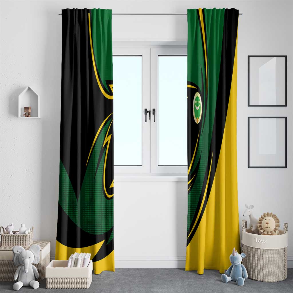 Comoros Window Curtain with Green Black Yellow Swirl Design and National Emblem Pattern