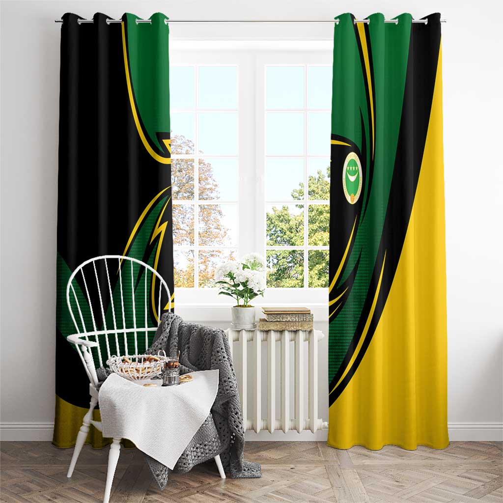 Comoros Window Curtain with Green Black Yellow Swirl Design and National Emblem Pattern