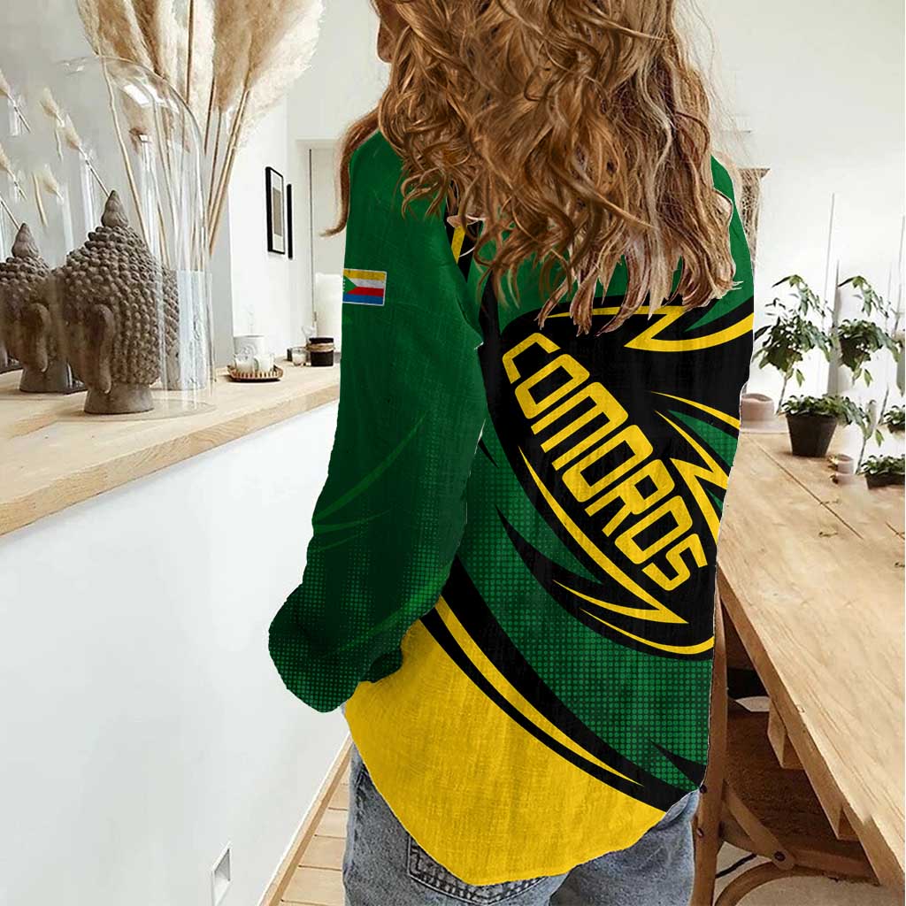 Comoros Women Casual Shirt with Green Black Yellow Swirl Design and National Emblem Pattern