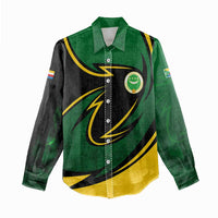 Comoros Women Casual Shirt with Green Black Yellow Swirl Design and National Emblem Pattern