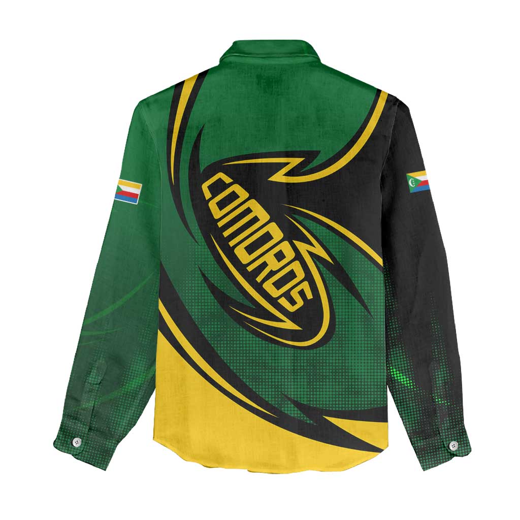 Comoros Women Casual Shirt with Green Black Yellow Swirl Design and National Emblem Pattern