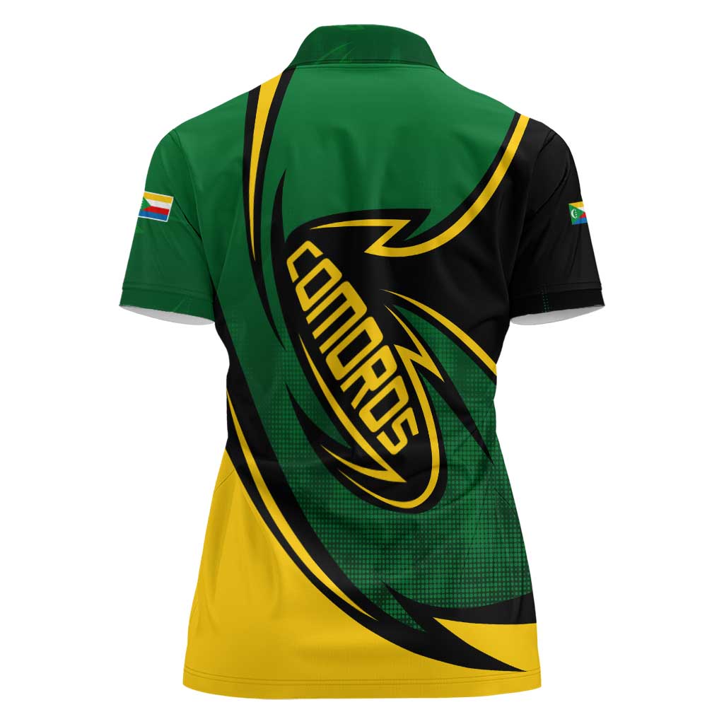 Comoros Women Polo Shirt with Green Black Yellow Swirl Design and National Emblem Pattern
