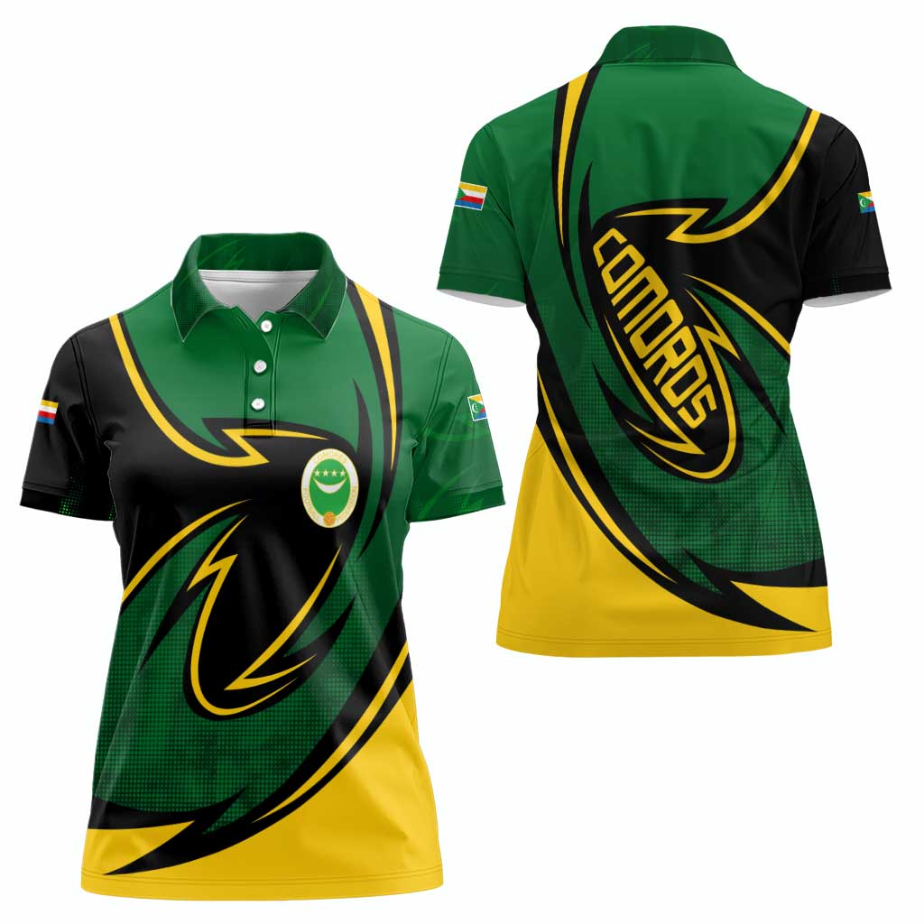 Comoros Women Polo Shirt with Green Black Yellow Swirl Design and National Emblem Pattern