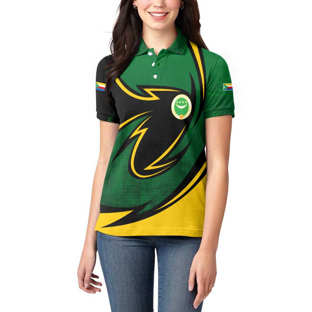 Comoros Women Polo Shirt with Green Black Yellow Swirl Design and National Emblem Pattern