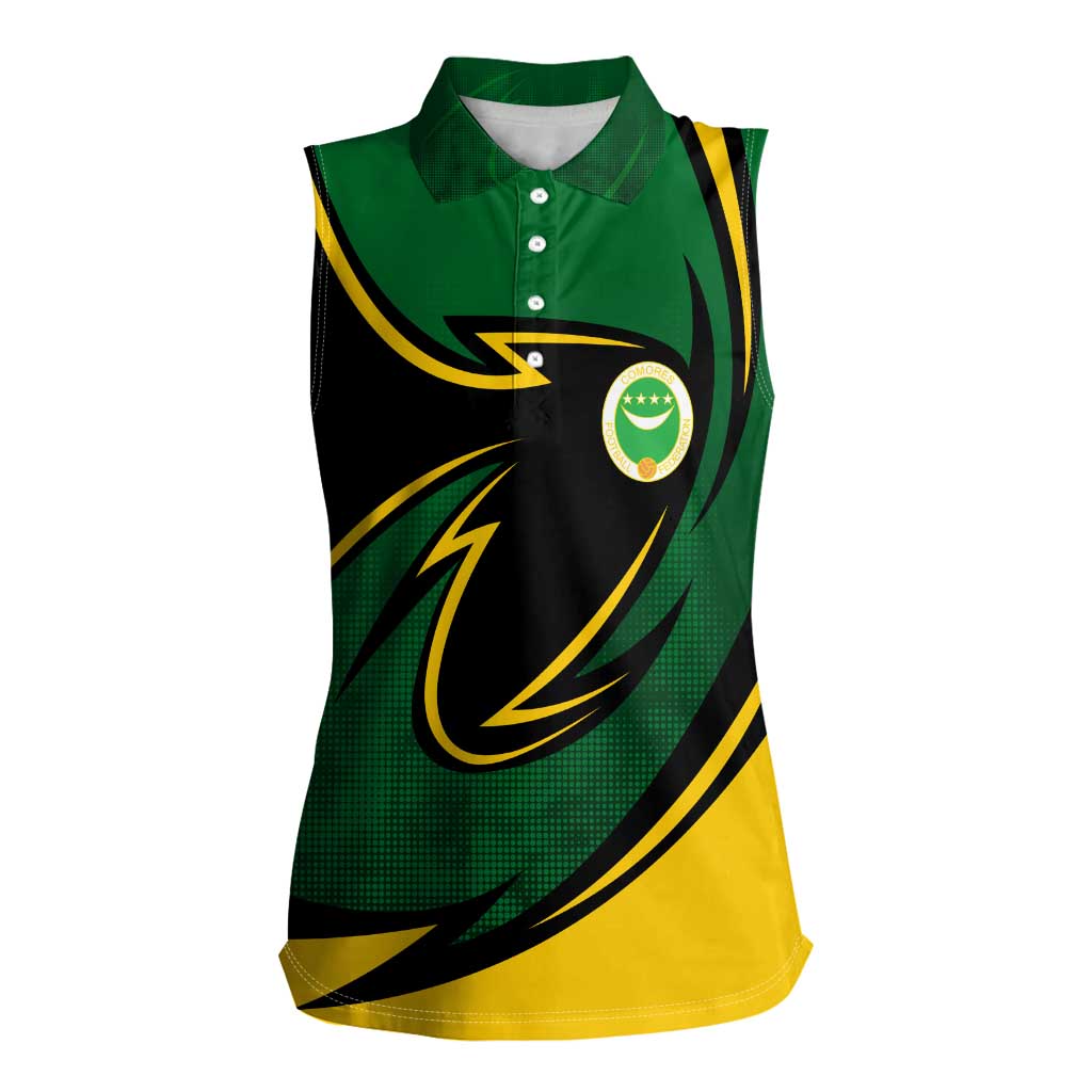 Comoros Women Sleeveless Polo Shirt with Green Black Yellow Swirl Design and National Emblem Pattern