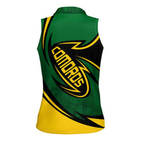 Comoros Women Sleeveless Polo Shirt with Green Black Yellow Swirl Design and National Emblem Pattern