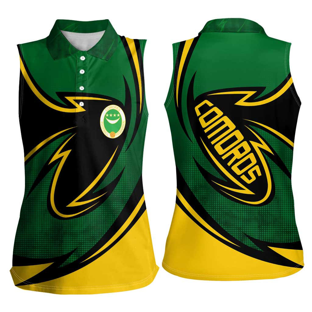 Comoros Women Sleeveless Polo Shirt with Green Black Yellow Swirl Design and National Emblem Pattern