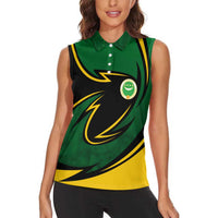 Comoros Women Sleeveless Polo Shirt with Green Black Yellow Swirl Design and National Emblem Pattern