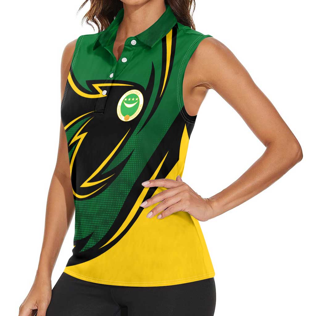 Comoros Women Sleeveless Polo Shirt with Green Black Yellow Swirl Design and National Emblem Pattern