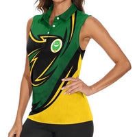 Comoros Women Sleeveless Polo Shirt with Green Black Yellow Swirl Design and National Emblem Pattern