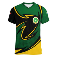 Comoros Women V-Neck T-Shirt with Green Black Yellow Swirl Design and National Emblem Pattern