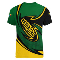 Comoros Women V-Neck T-Shirt with Green Black Yellow Swirl Design and National Emblem Pattern