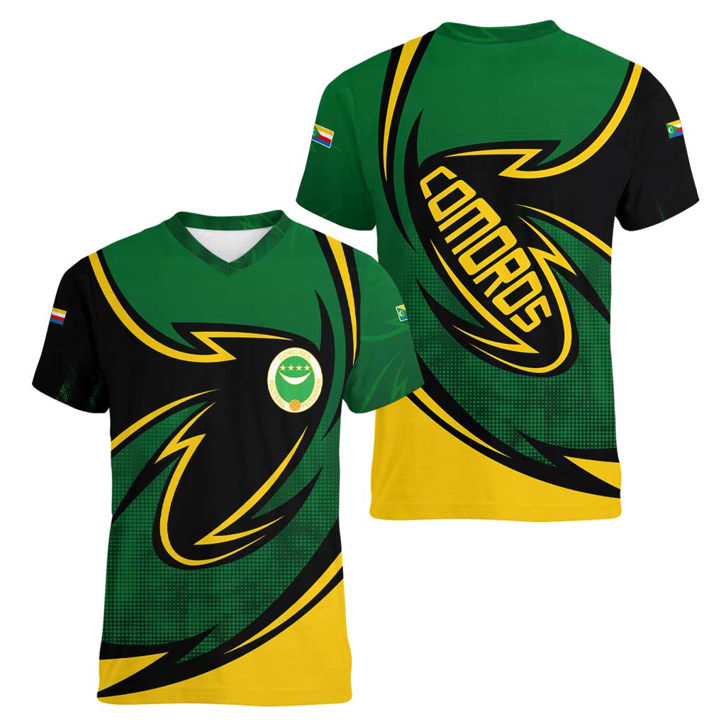 Comoros Women V-Neck T-Shirt with Green Black Yellow Swirl Design and National Emblem Pattern