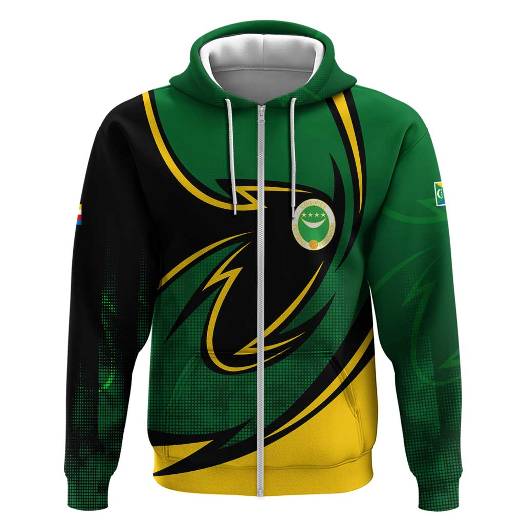 Comoros Zip Hoodie with Green Black Yellow Swirl Design and National Emblem Pattern