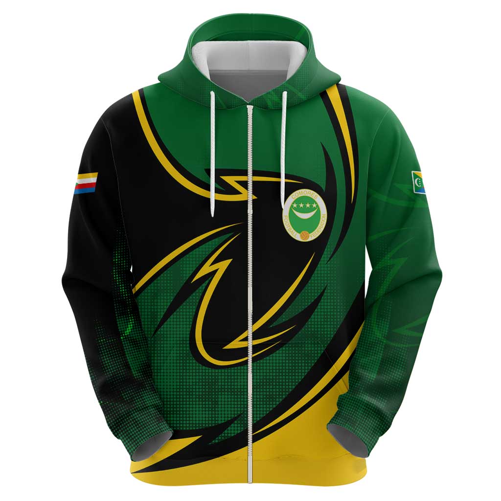 Comoros Zip Hoodie with Green Black Yellow Swirl Design and National Emblem Pattern