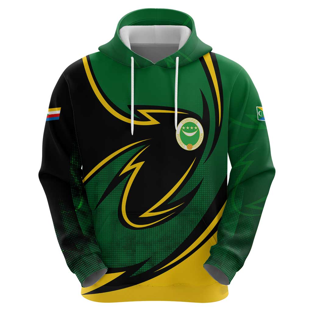 Comoros Zip Hoodie with Green Black Yellow Swirl Design and National Emblem Pattern