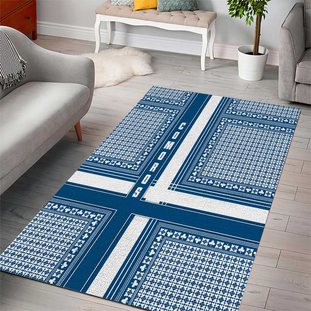 Comoros Area Rug with Blue and White Traditional Geometric Pattern and National Flag Detail