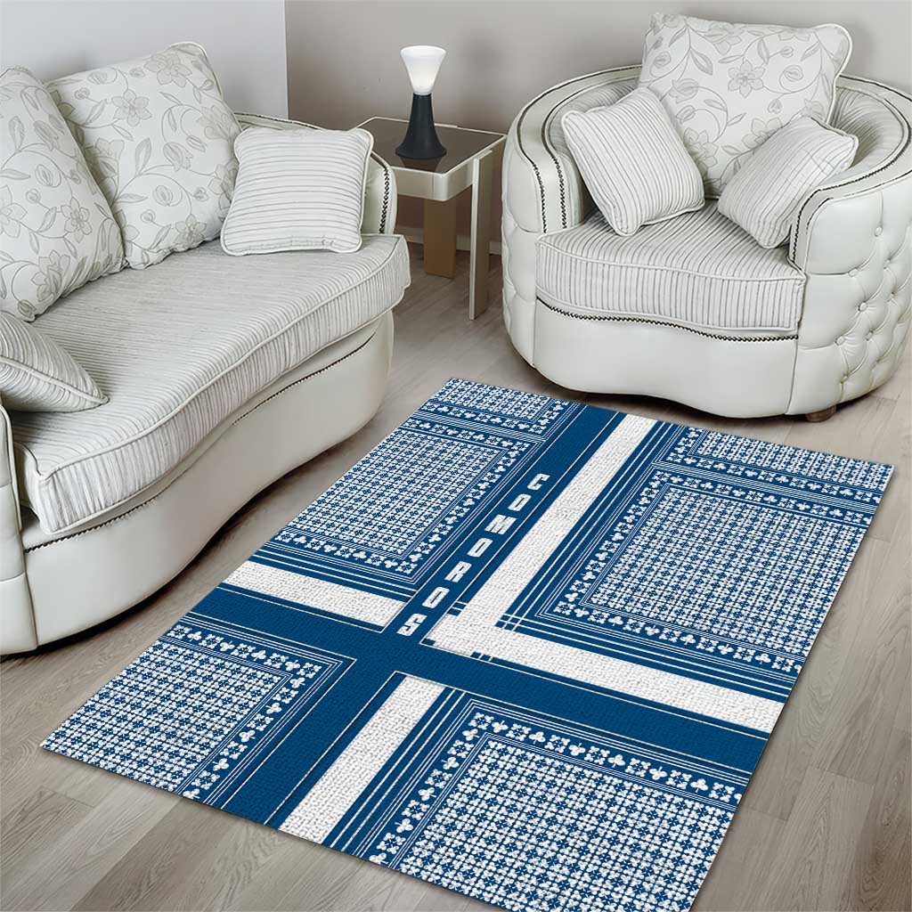 Comoros Area Rug with Blue and White Traditional Geometric Pattern and National Flag Detail