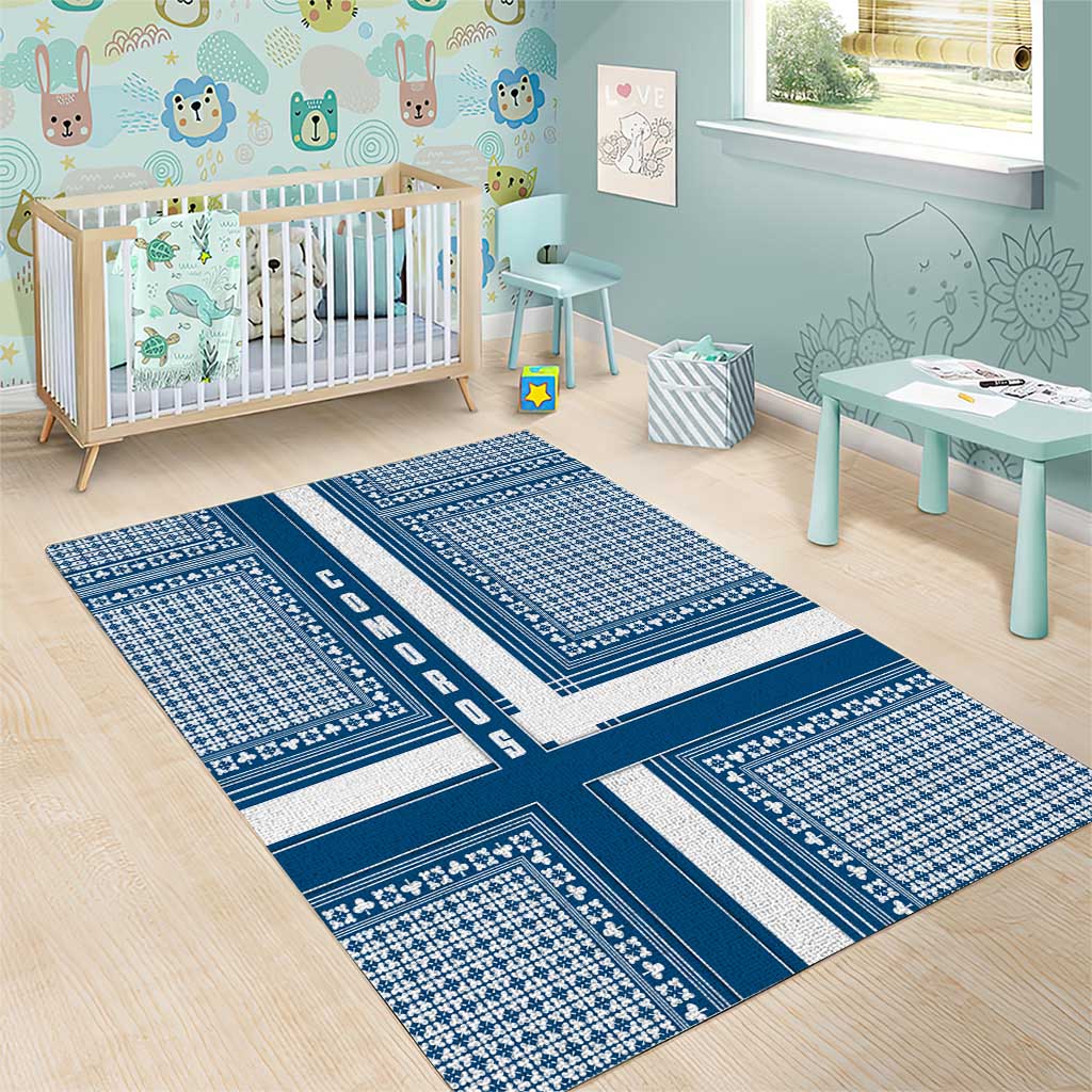 Comoros Area Rug with Blue and White Traditional Geometric Pattern and National Flag Detail