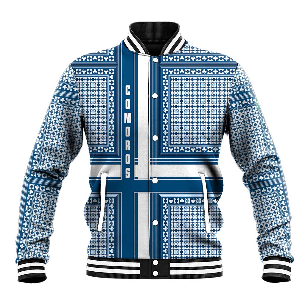 Comoros Baseball Jacket with Blue and White Traditional Geometric Pattern and National Flag Detail
