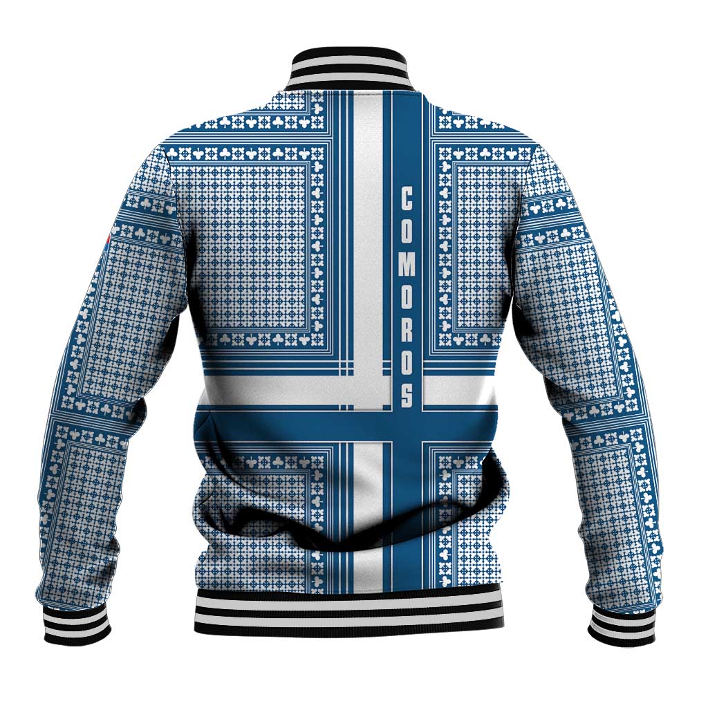 Comoros Baseball Jacket with Blue and White Traditional Geometric Pattern and National Flag Detail