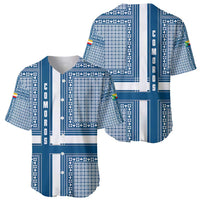 Comoros Baseball Jersey with Blue and White Traditional Geometric Pattern and National Flag Detail