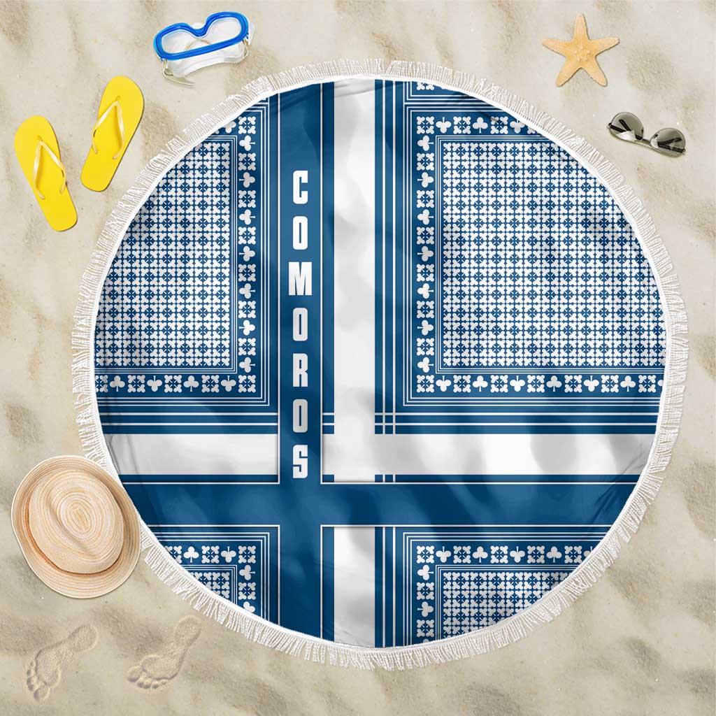 Comoros Beach Blanket with Blue and White Traditional Geometric Pattern and National Flag Detail