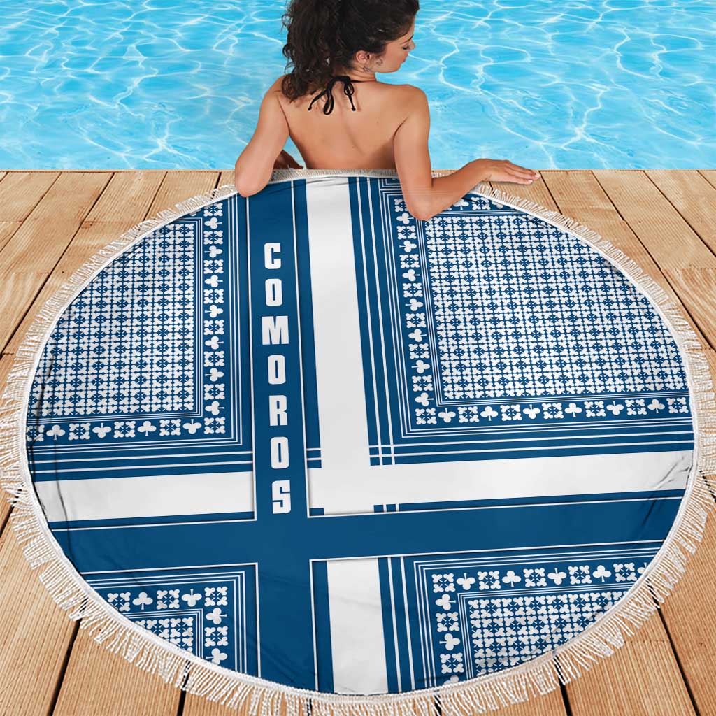 Comoros Beach Blanket with Blue and White Traditional Geometric Pattern and National Flag Detail