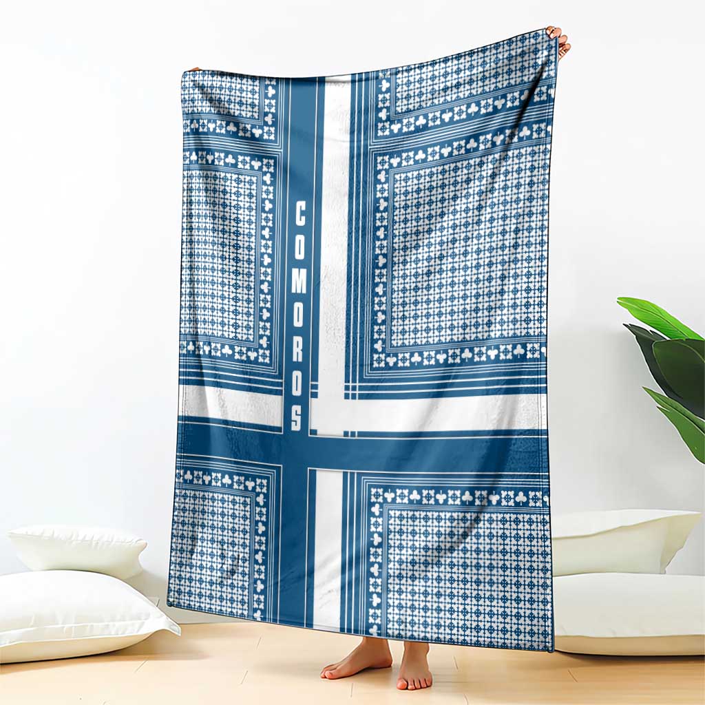 Comoros Blanket with Blue and White Traditional Geometric Pattern and National Flag Detail