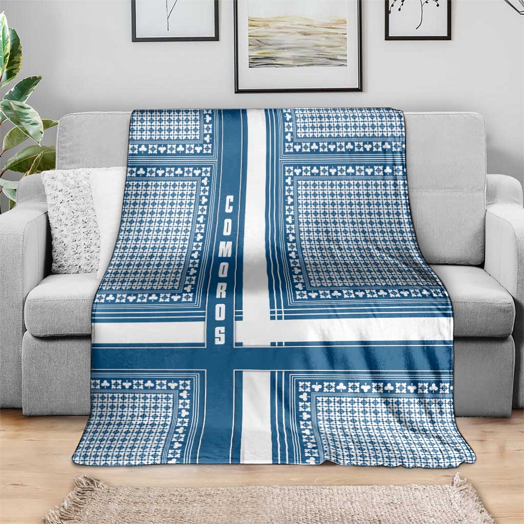 Comoros Blanket with Blue and White Traditional Geometric Pattern and National Flag Detail