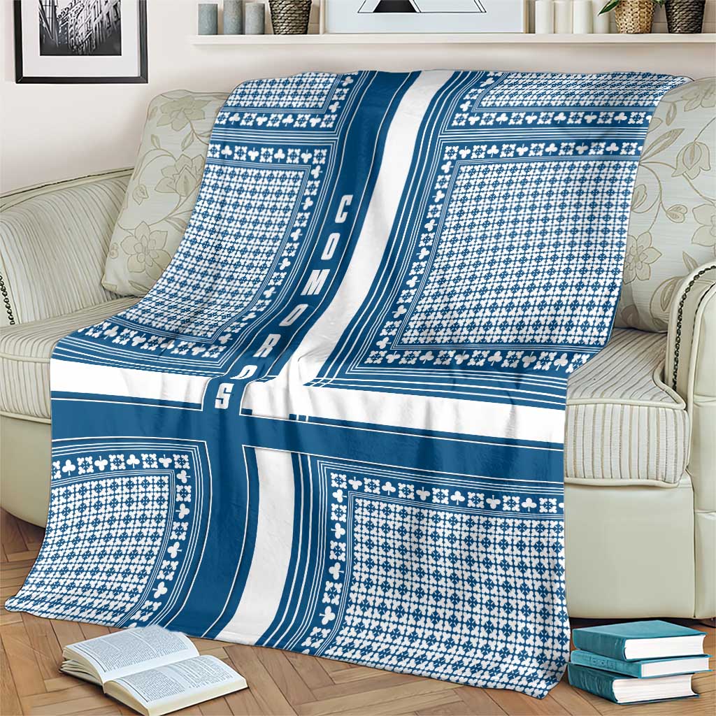 Comoros Blanket with Blue and White Traditional Geometric Pattern and National Flag Detail