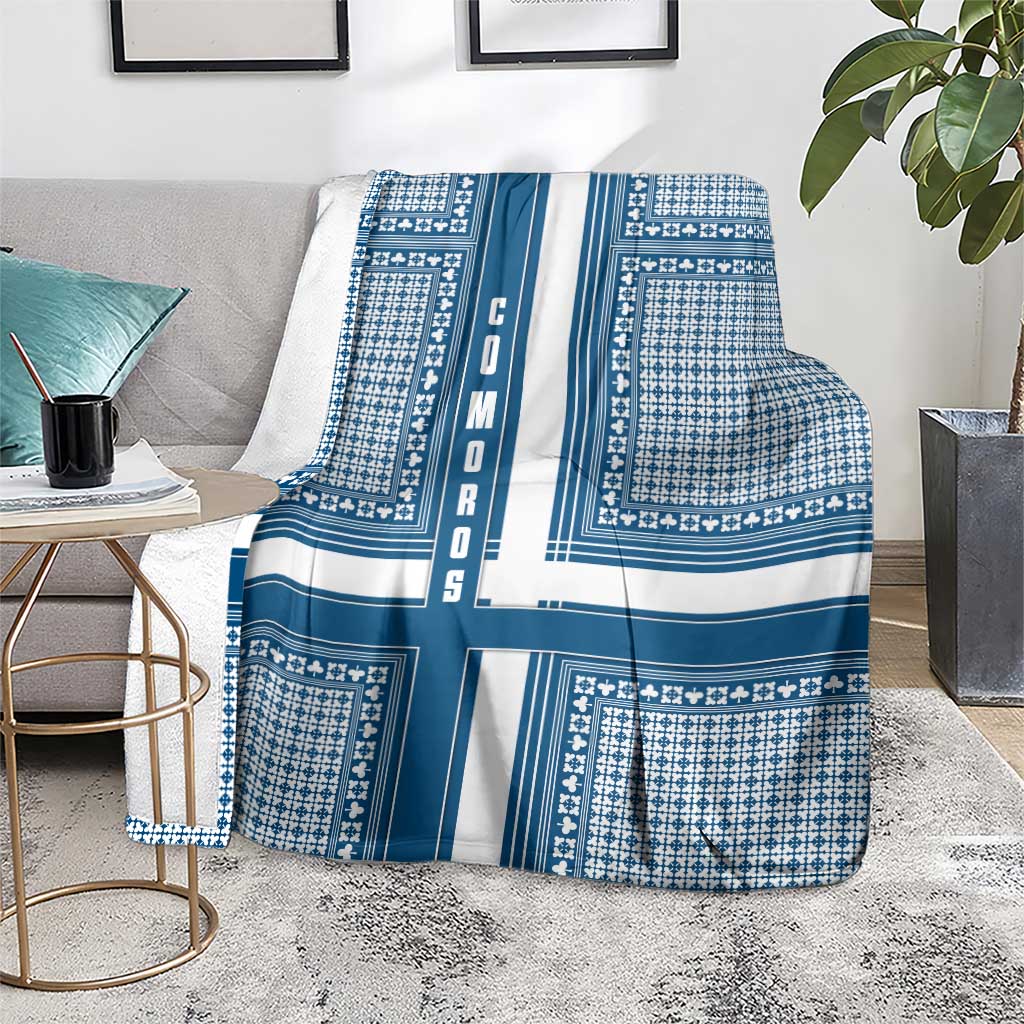Comoros Blanket with Blue and White Traditional Geometric Pattern and National Flag Detail