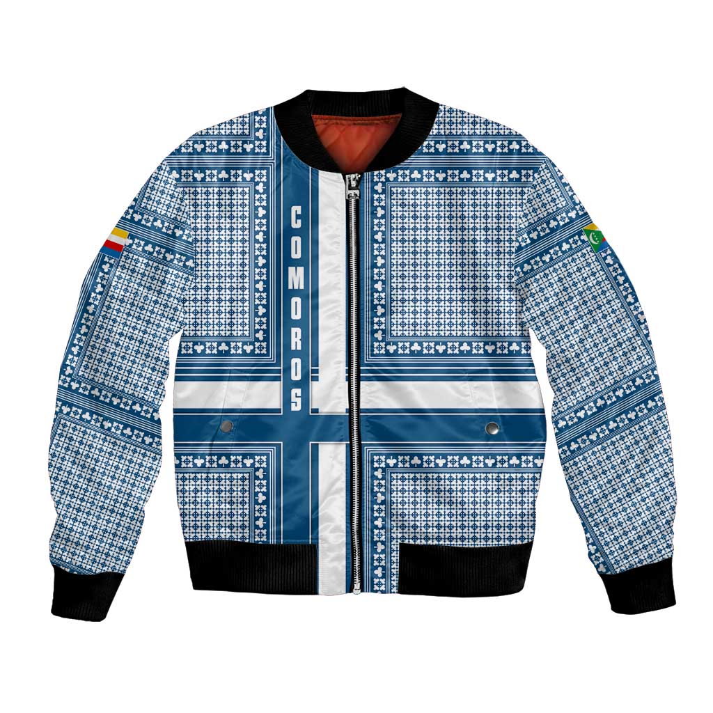 Comoros Bomber Jacket with Blue and White Traditional Geometric Pattern and National Flag Detail